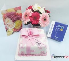 Motherâ€™s day special gift with pink fondant cake and blue lady perfume